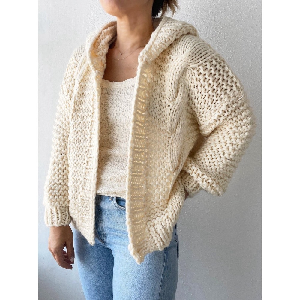 Greylin Anthropologie Chunky Cardigan Sweater With Hood Ivory Small Boho Comfy - Picture 3 of 9